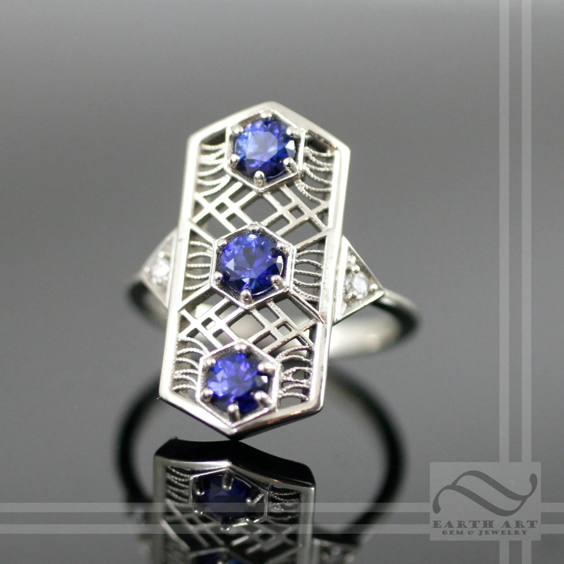 14k Sapphire Art Deco Style Ring - 14k white gold