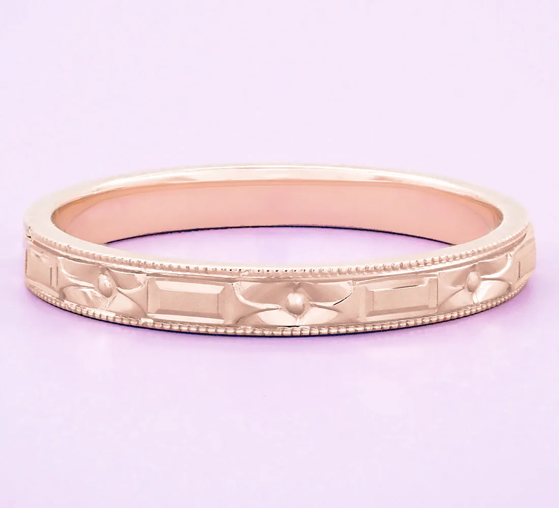 Art Deco 1920's Style 14 Karat Rose Gold Flowers and Bars Wedding Band