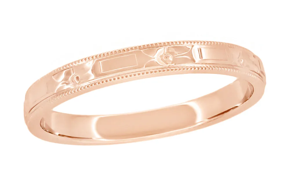 Art Deco 1920's Style 14 Karat Rose Gold Flowers and Bars Wedding Band
