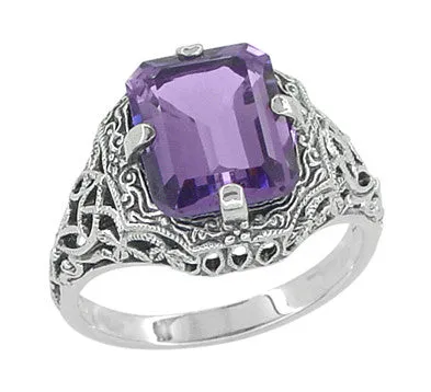 Art Deco Flowers and Leaves Emerald Cut Lilac Amethyst Filigree Ring in Sterling Silver