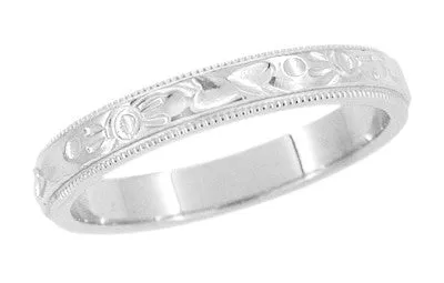 Art Deco Flowers and Leaves Millgrain Edge Engraved Wedding Band in White Gold - 3mm Wide