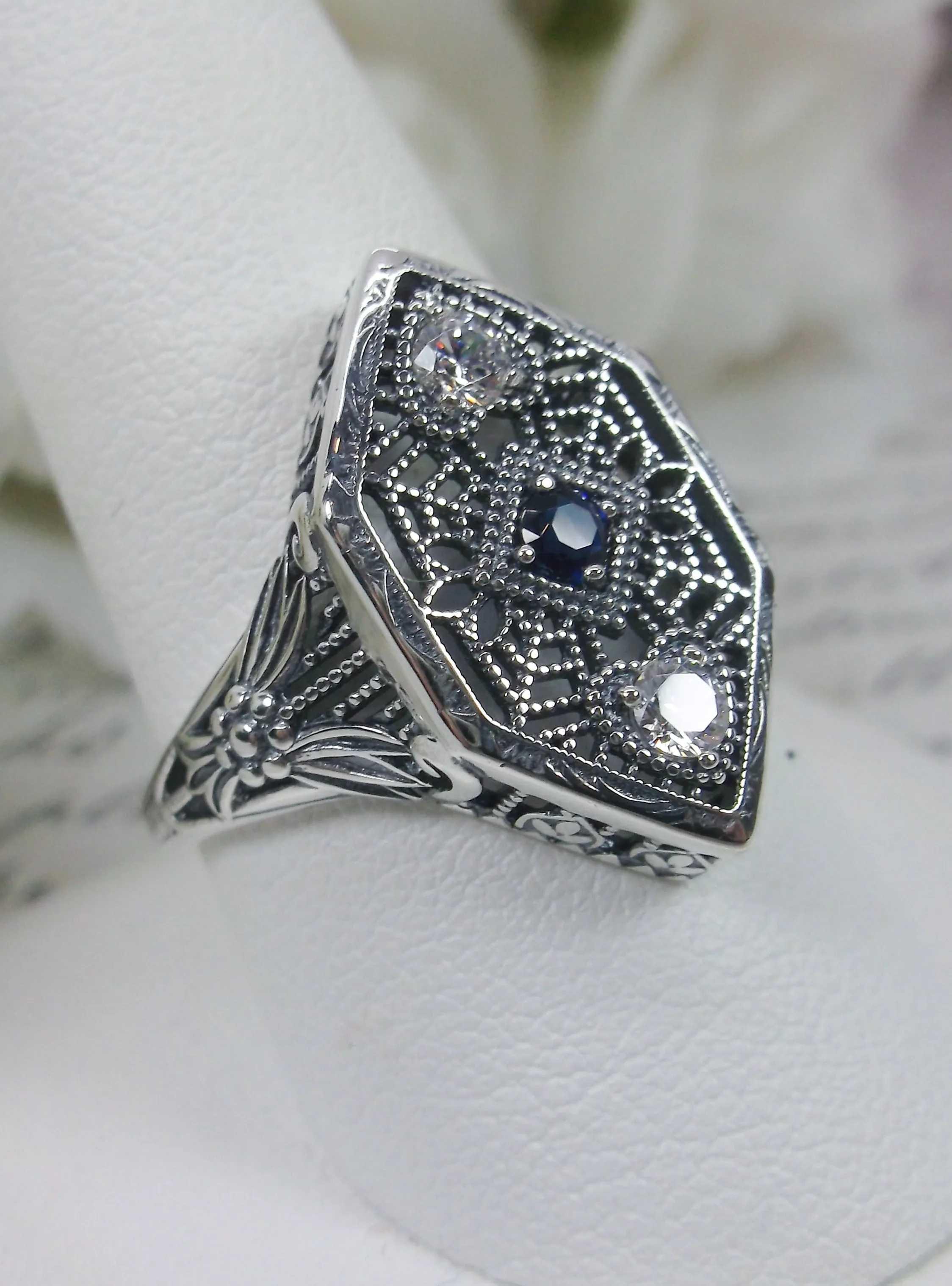 Blue Sapphire Ring, Art Deco Revival Jewelry #D231