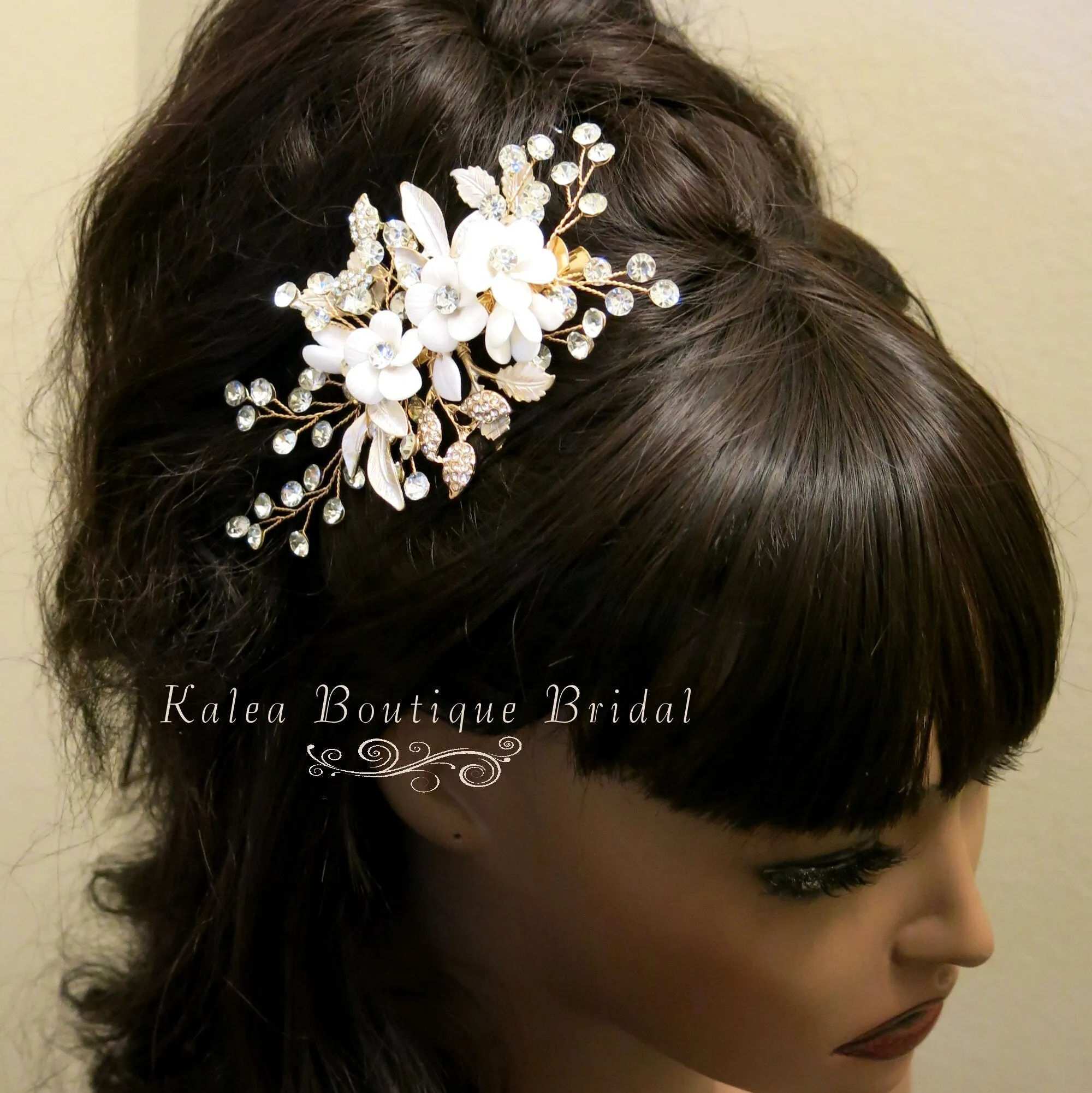 Ceramic Flower Hair Clip with Rhinestone Gems, White Flower Bridal Hairpiece Hair Clip, Wedding Floral Rhinestone Alligator Clip Headpiece