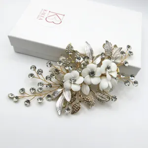 Ceramic Flower Hair Clip with Rhinestone Gems, White Flower Bridal Hairpiece Hair Clip, Wedding Floral Rhinestone Alligator Clip Headpiece