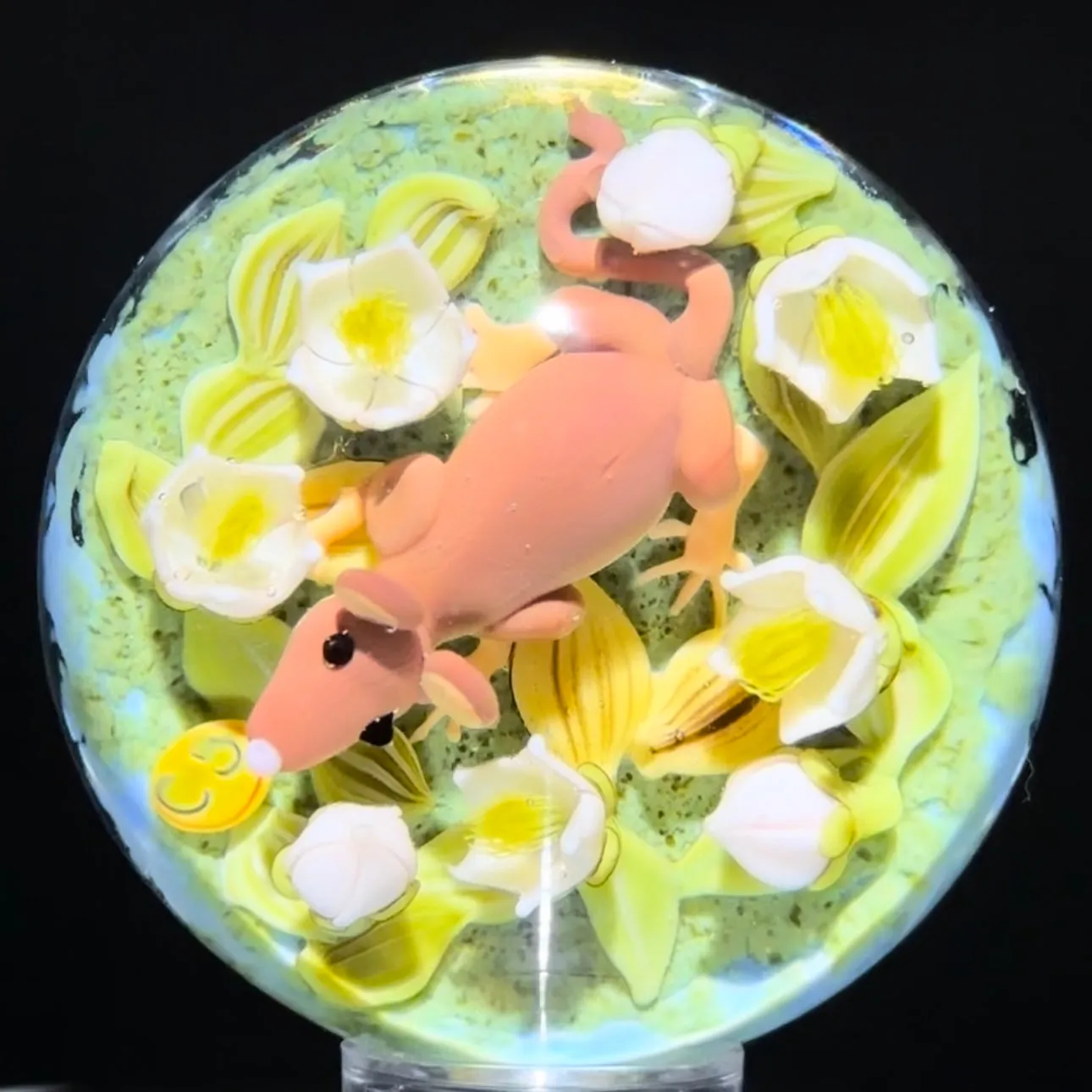 Clinton Smith 2023 Glass Art Marble Double Sided Flamework Blue Dancing Bear & Field Mouse