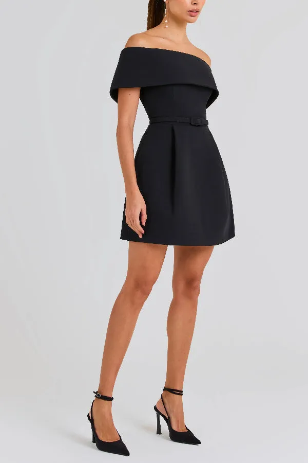 Elegant Evening Lapel Bandeau Removable Belt Pocketed Mini Dress