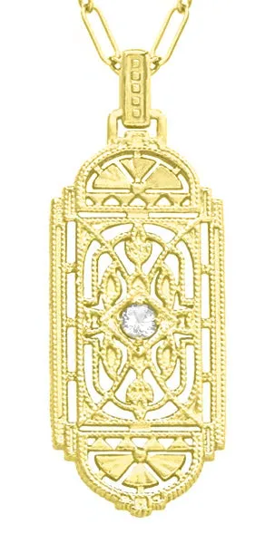 Geometric Art Deco Filigree White Sapphire Necklace Pendant in Yellow Gold Over Solid Sterling Silver