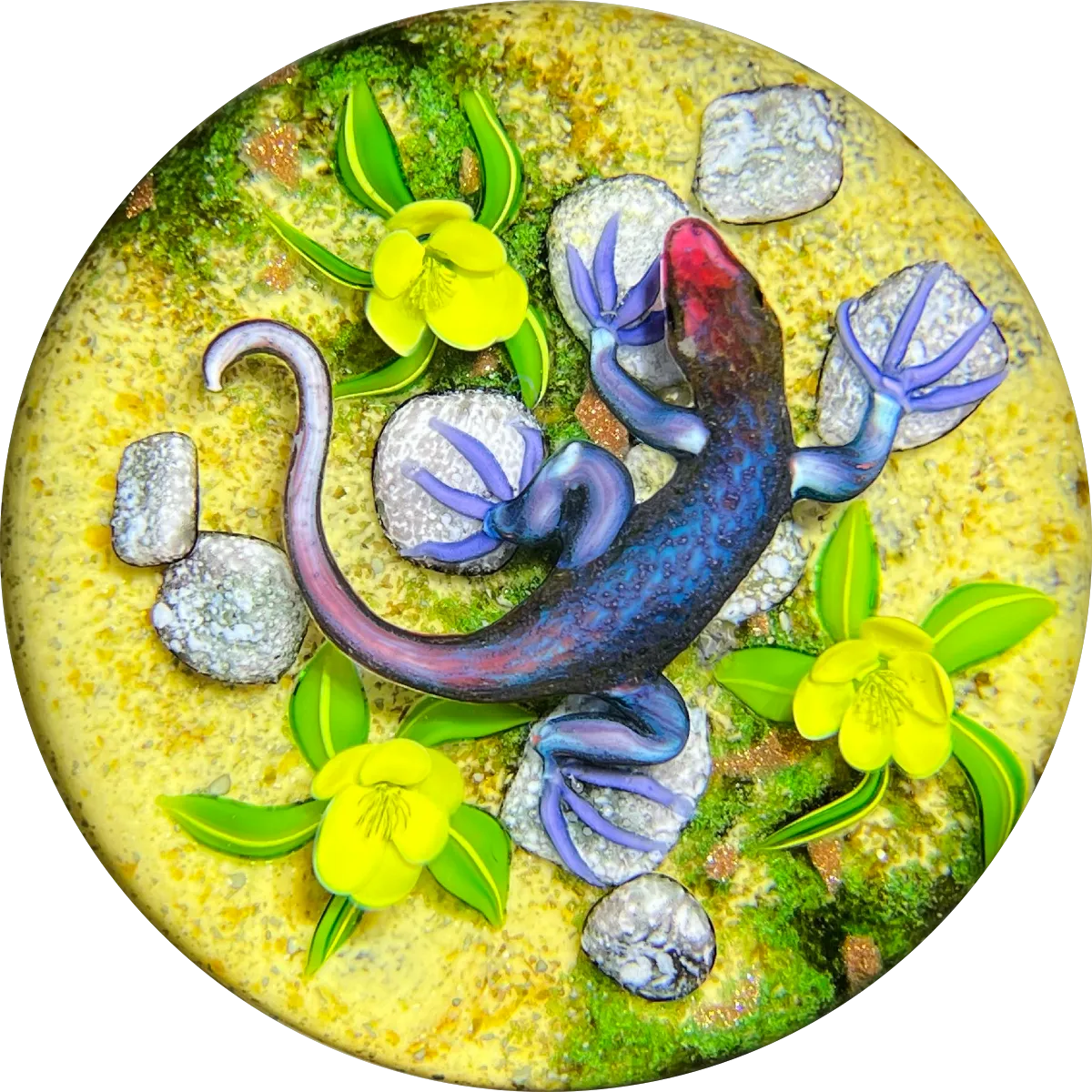 Ken Rosenfeld 2021 Flamework Glass Art Paperweight African Agama Lizard with Yellow Ground Flowers