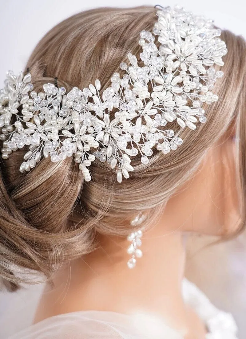 Large Pearl Flower Bridal Headband, Wedding Pearl Head Wreath, Bridal Floral Hair Vine or Dangle Earrings for Bride