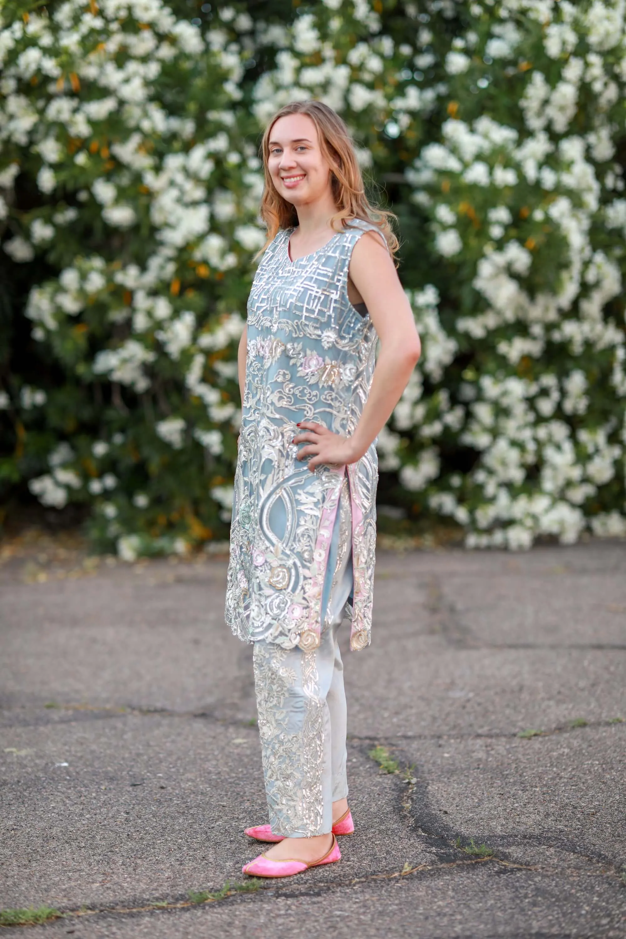 Light Blue Chiffon Salwar Kameez Suit Decorated With Sequins