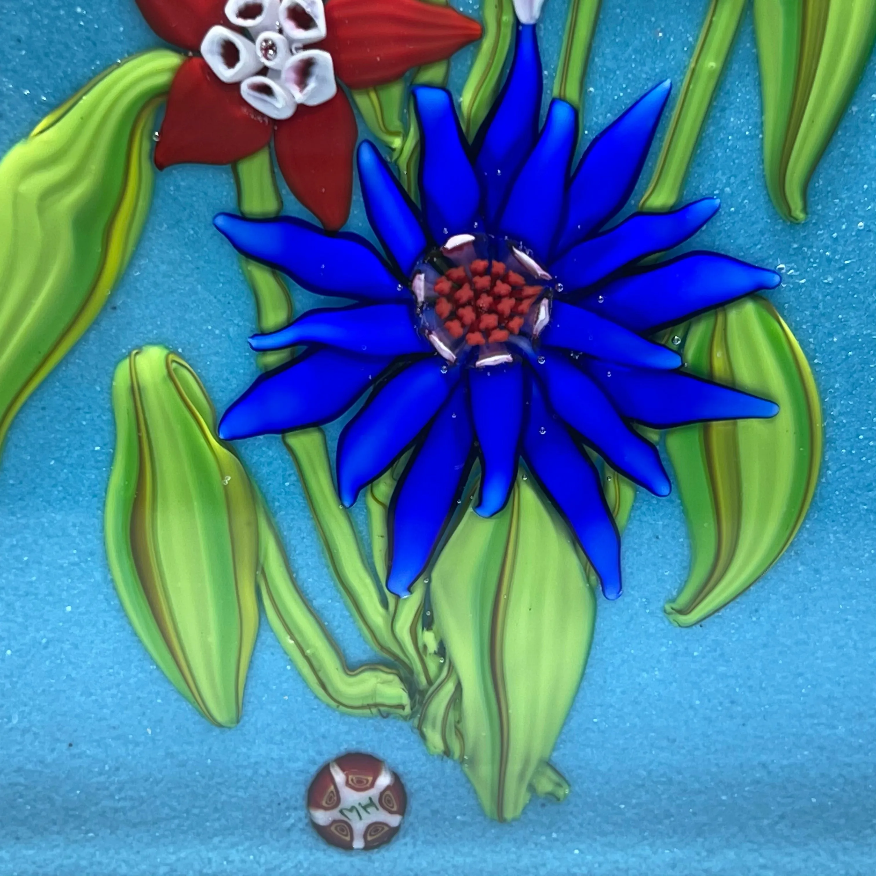Mickael Hingant 2020 Flamework Tropical Flower Bouquet On Teal Plaque Cold-Work by Jim Poore