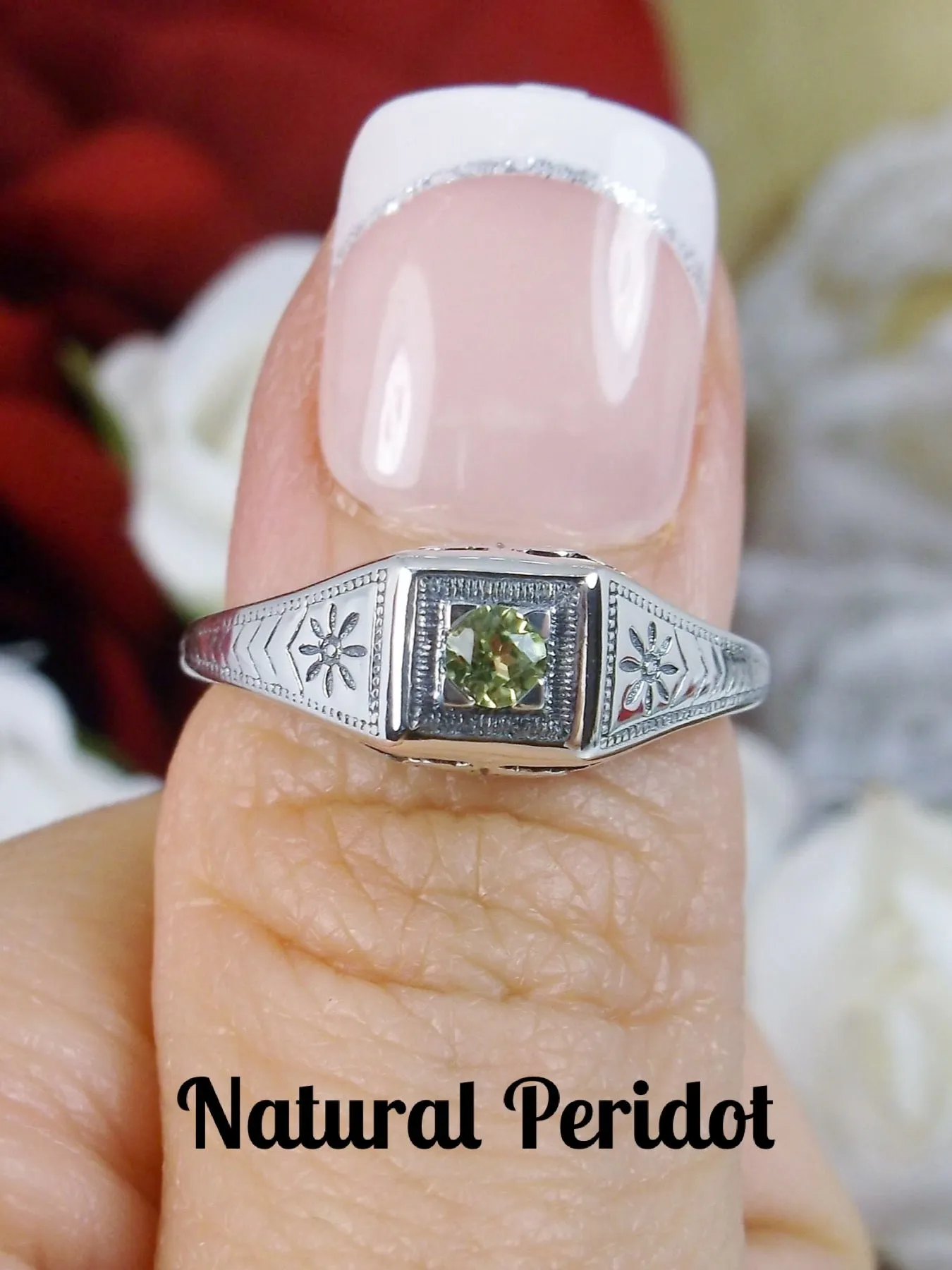 Peridot Wedding Ring, Antique Reproduction Art Deco Jewelry  #D155