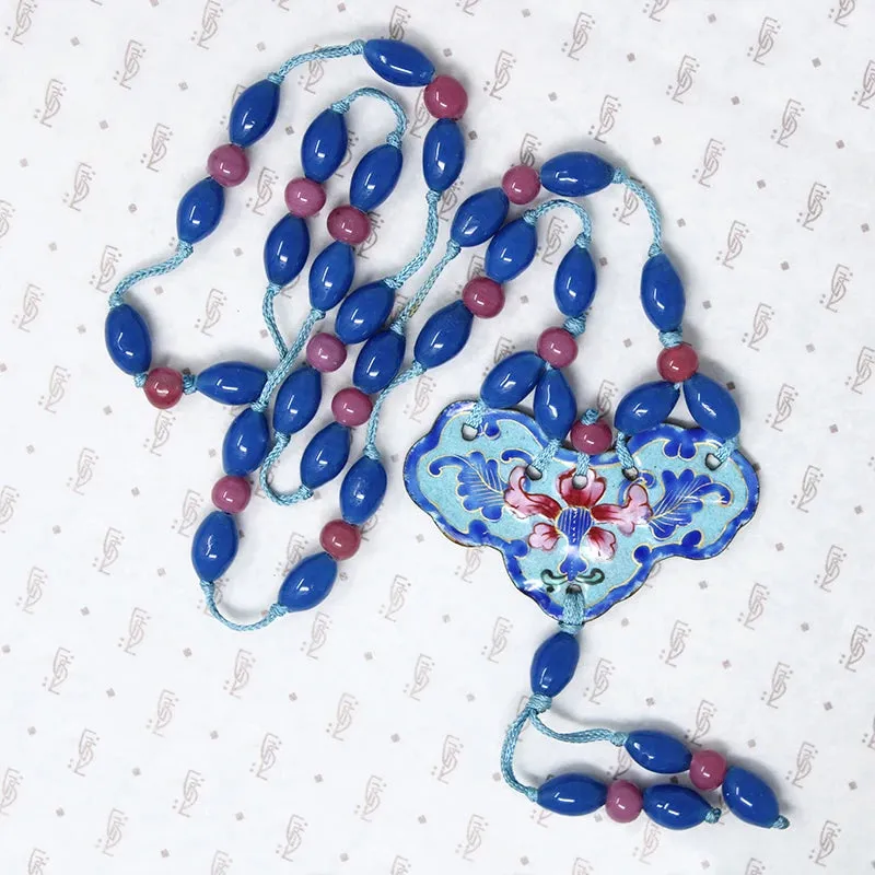Pink & Blue Peking Glass Necklace with Enamel
