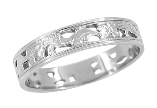 Platinum Art Deco Filigree Scrolls and Flowers Wedding Band