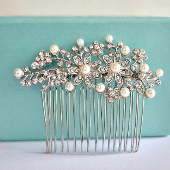 Rhinestone Crystal Flowers Leaves Pearls Wedding Hair Comb. Flower Bridal Hair Comb. Art Deco Pearl Hair Piece. Floral Bridal Hair Accessory