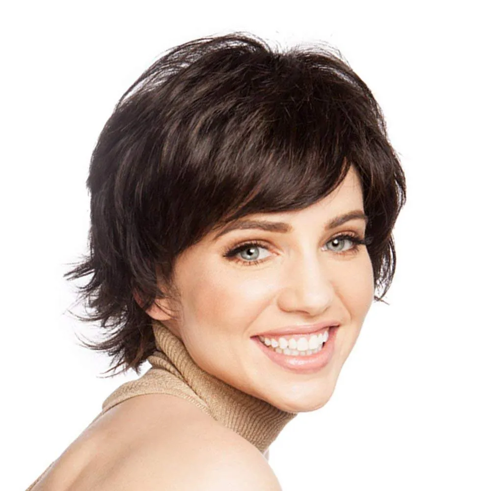 Short Human Hair Dark Brown Wig