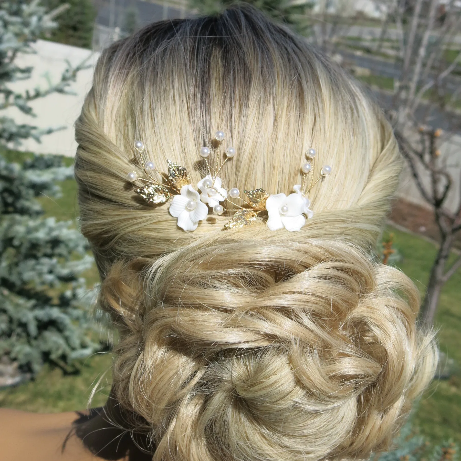 Two Flowers 2 PC Bridal Hairpin Set, Wedding Ceramic U Shape Hair Pins, Wired Pearl Hair Pins, in Gold or Silver