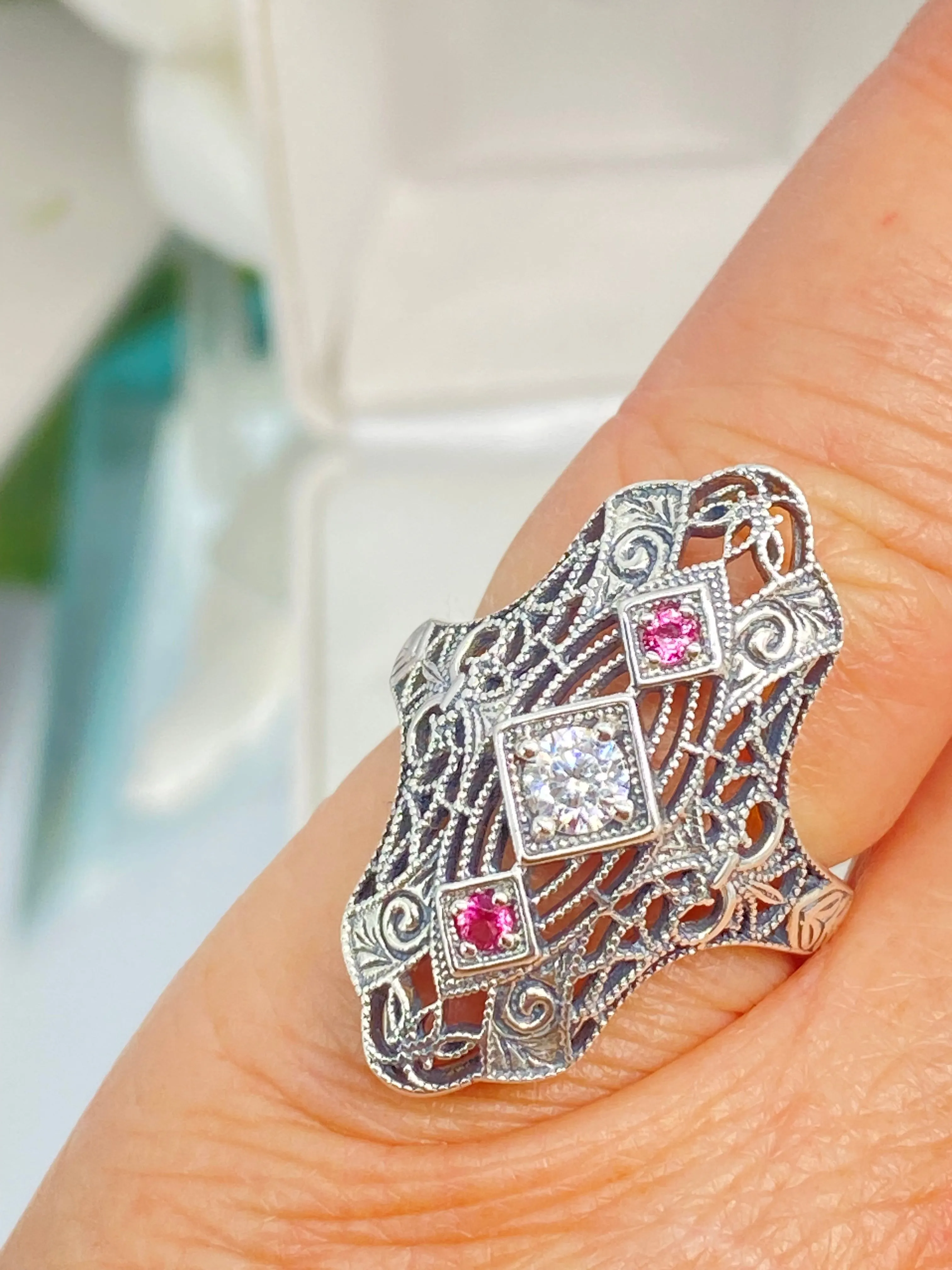 White CZ & Ruby Ring, 1920s-30s Art Deco, Gatsby style Jewelry D593