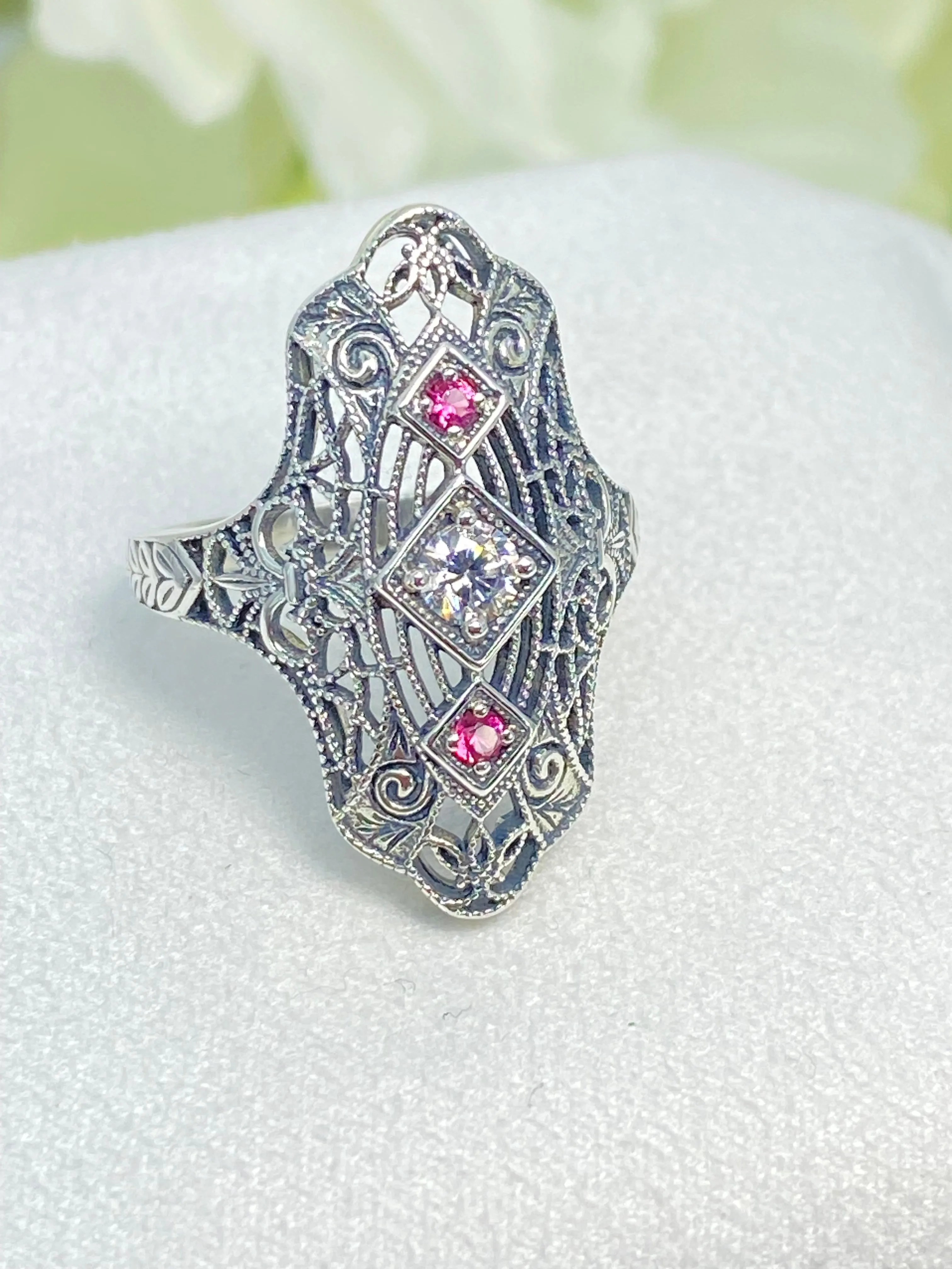 White CZ & Ruby Ring, 1920s-30s Art Deco, Gatsby style Jewelry D593